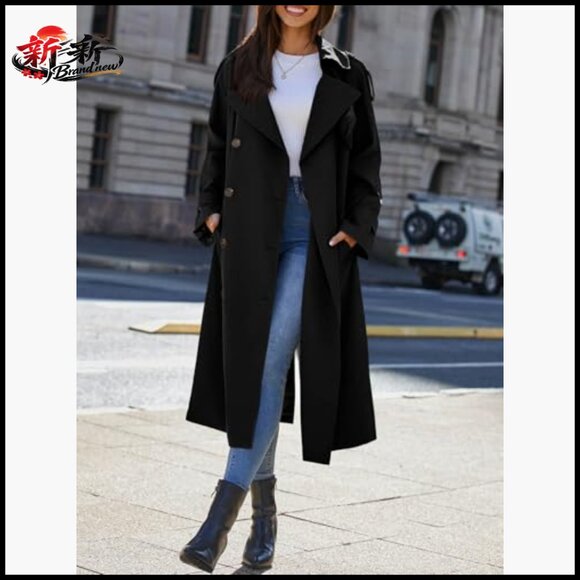 Long Trench Coat Double Breasted Classic Lapel Overcoat with Belt - Picture 5 of 7